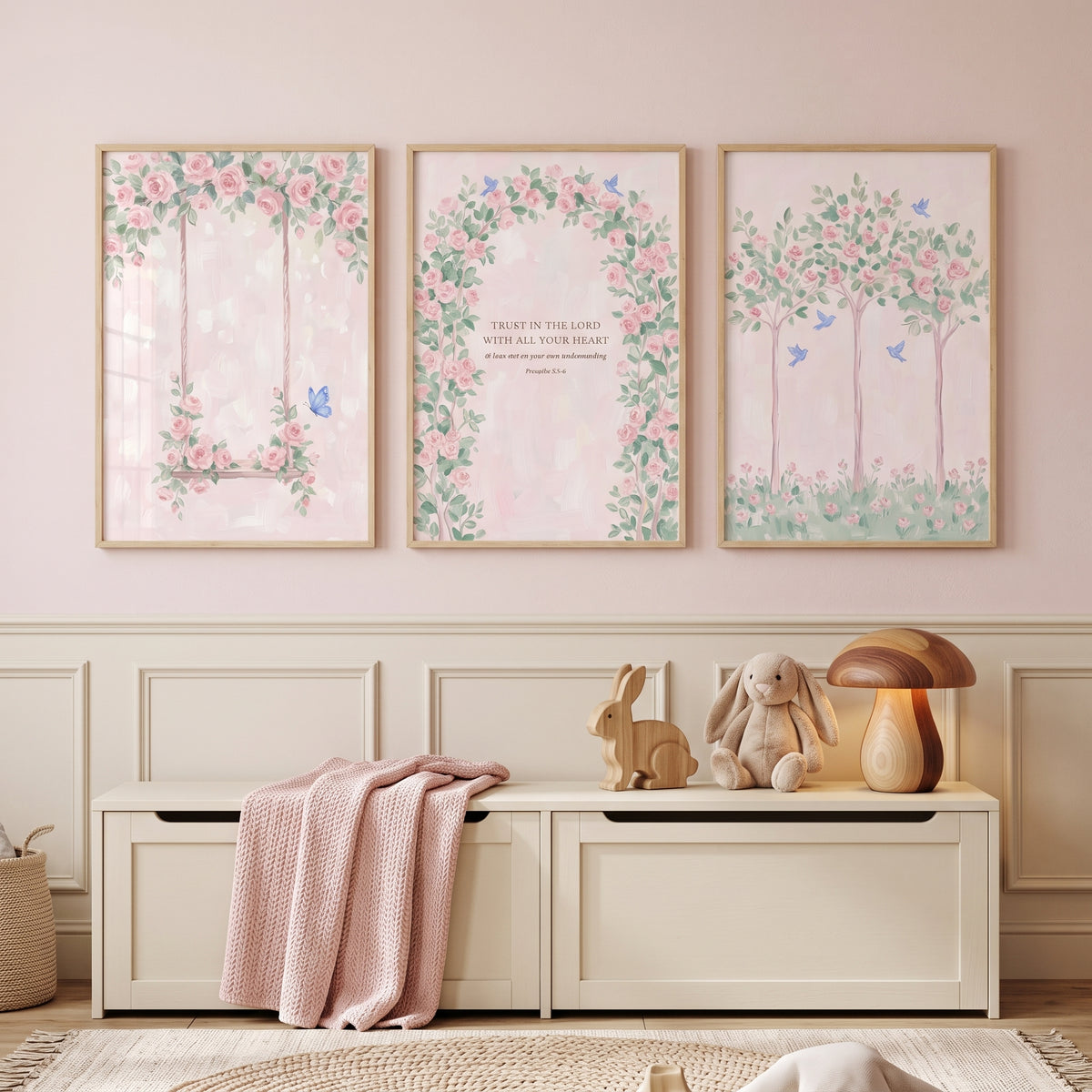 Shabby Chic Pink Roses Wall Art Set of 3 - Faithful Floral Verse