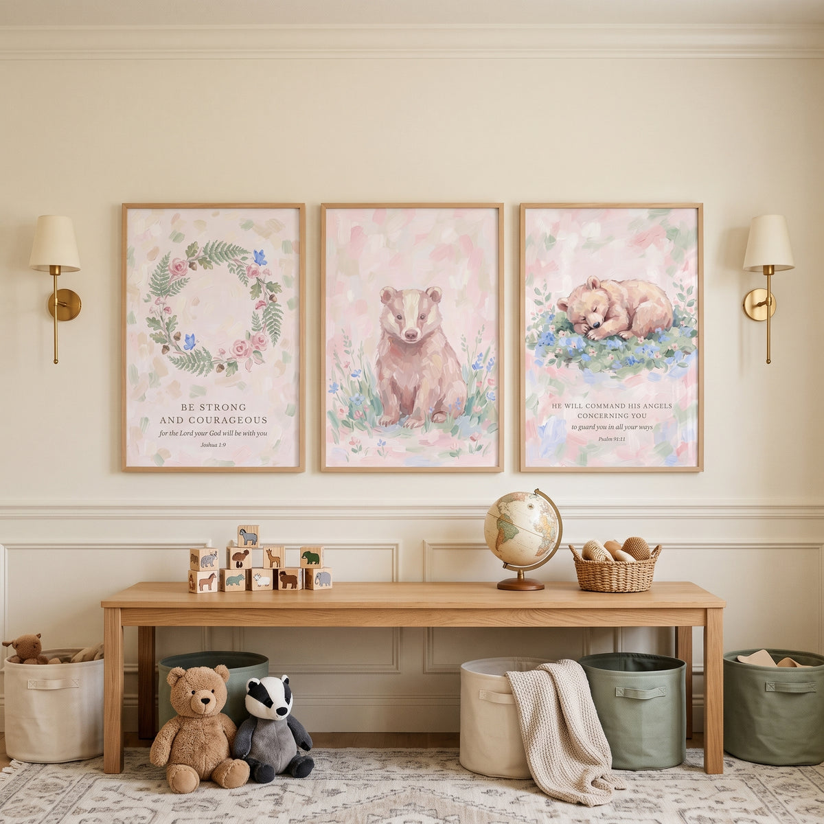 Shabby Chic Pink Woodland Artwork Set of 3 - Faithful Woodland Bears