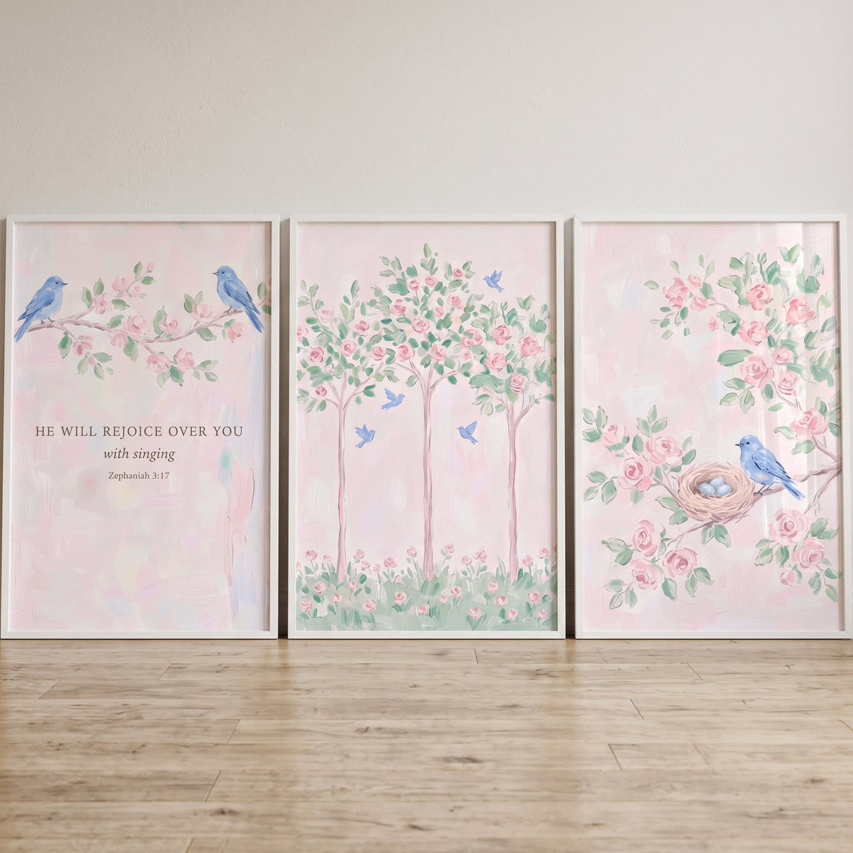 Shabby Chic Rose Bluebird Wall Art Set Of 3 - Heavenly Garden Song