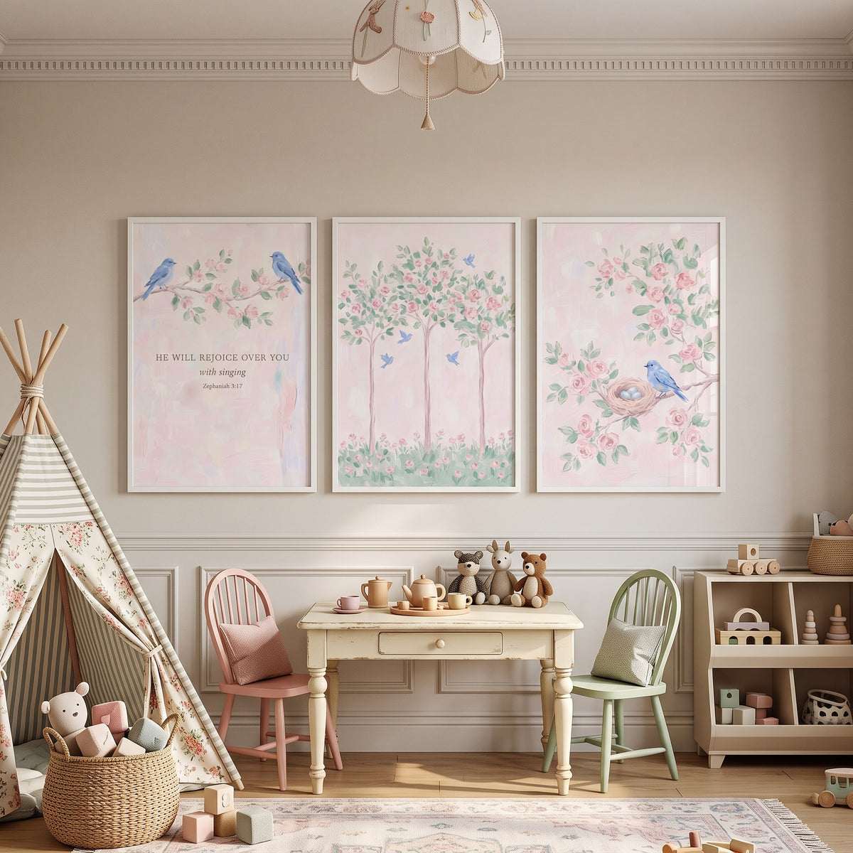 Shabby Chic Rose Bluebird Wall Art Set Of 3 - Heavenly Garden Song