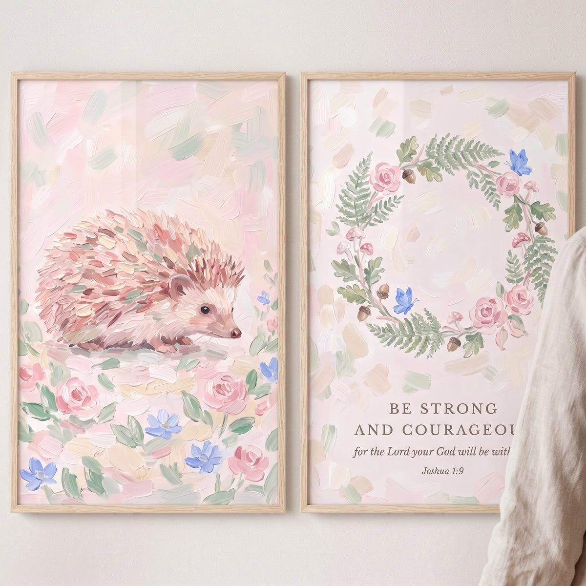 Shabby chic rose floral wall art set of 2 featuring a hedgehog and a floral wreath with a scripture verse.