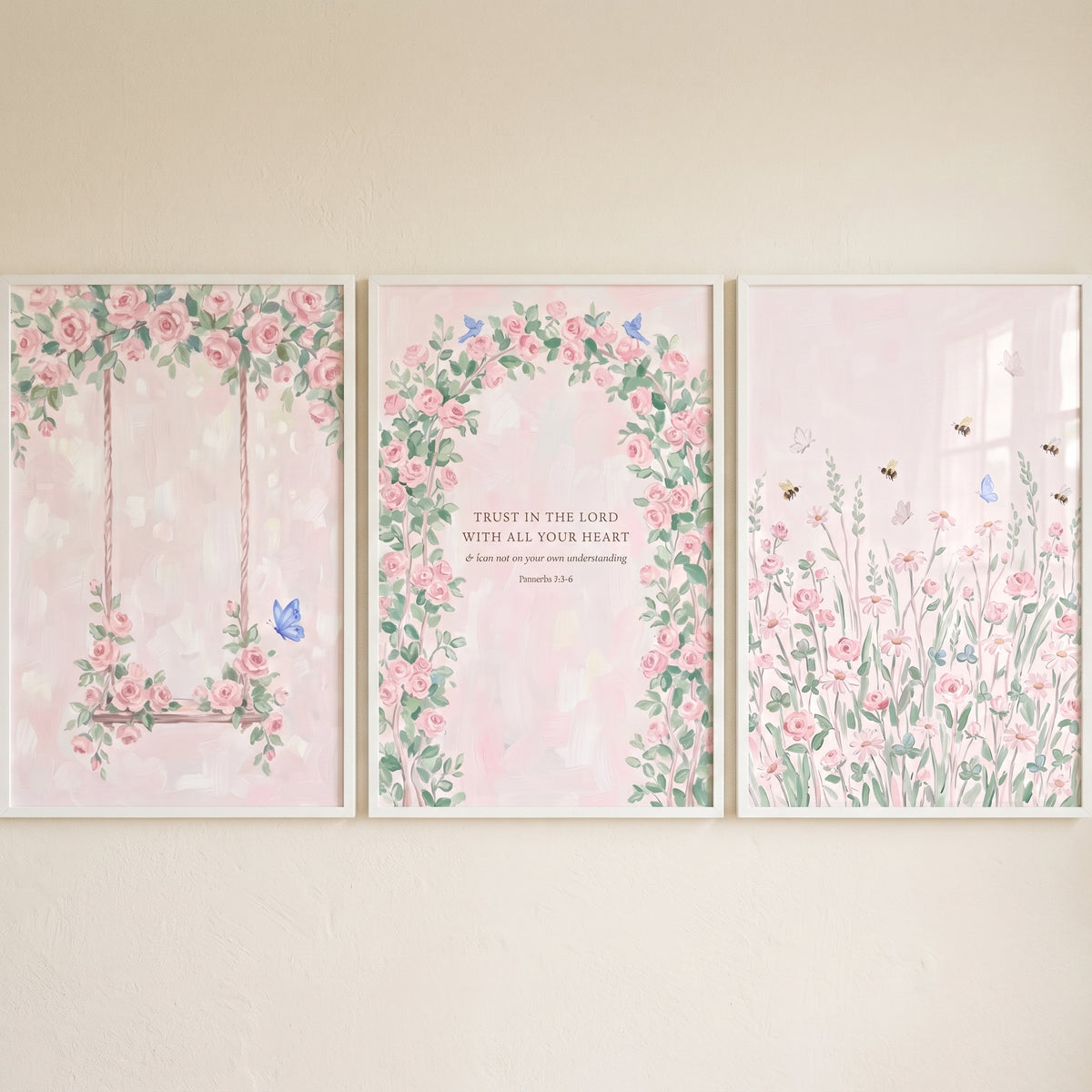 Shabby chic rose garden artwork set of 3 with pink flowers, a swing, a scripture arch, and a meadow with bees.