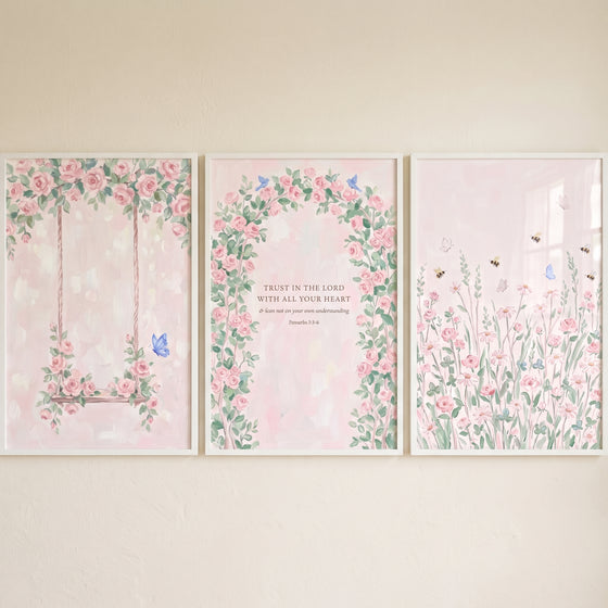 Shabby chic rose garden artwork set of 3 with pink flowers, a swing, a scripture arch, and a meadow with bees.