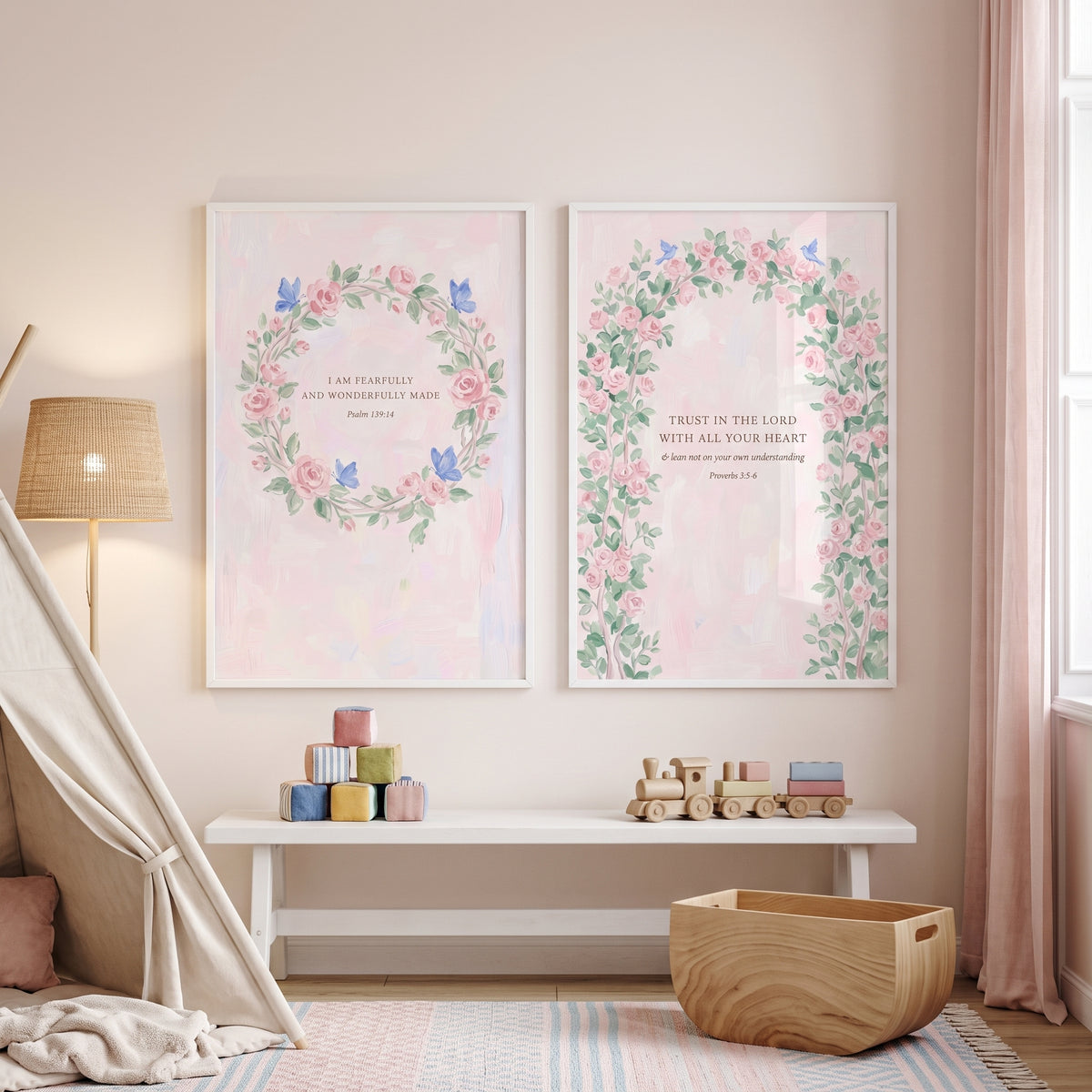 Shabby Chic Rose Scripture Wall Art Set Of 2 - Faithful Floral Verses
