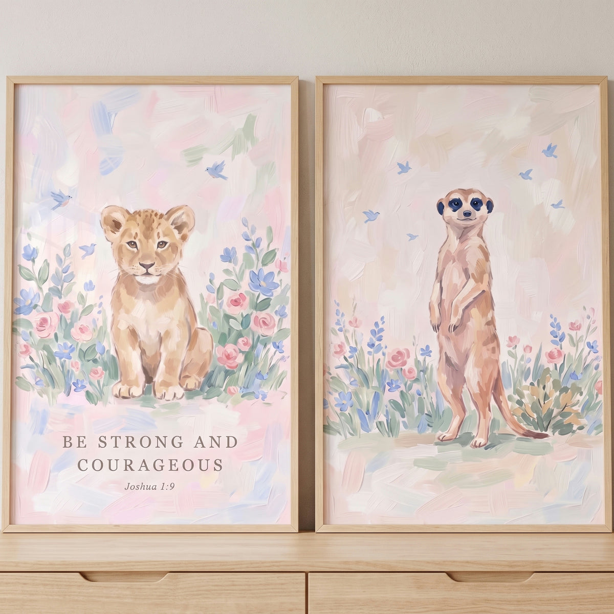 Shabby chic safari animals wall art set of 2 with a lion cub and meerkat in soft floral scenes with Joshua 1:9 text.