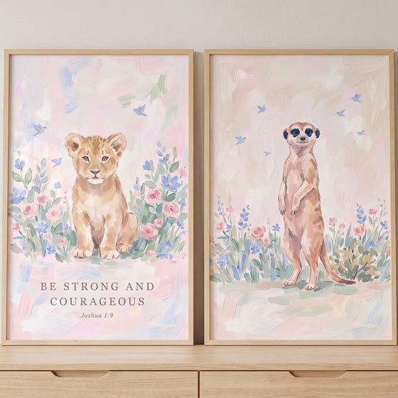 Shabby chic safari animals wall art set of 2 with a lion cub and meerkat in soft floral scenes with Joshua 1:9 text.