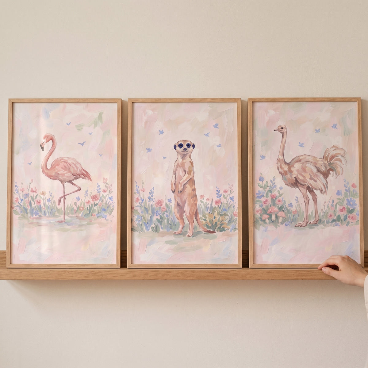 Shabby chic savanna animals wall art set of 3 featuring a flamingo, meerkat, and ostrich in frames on a wooden shelf.