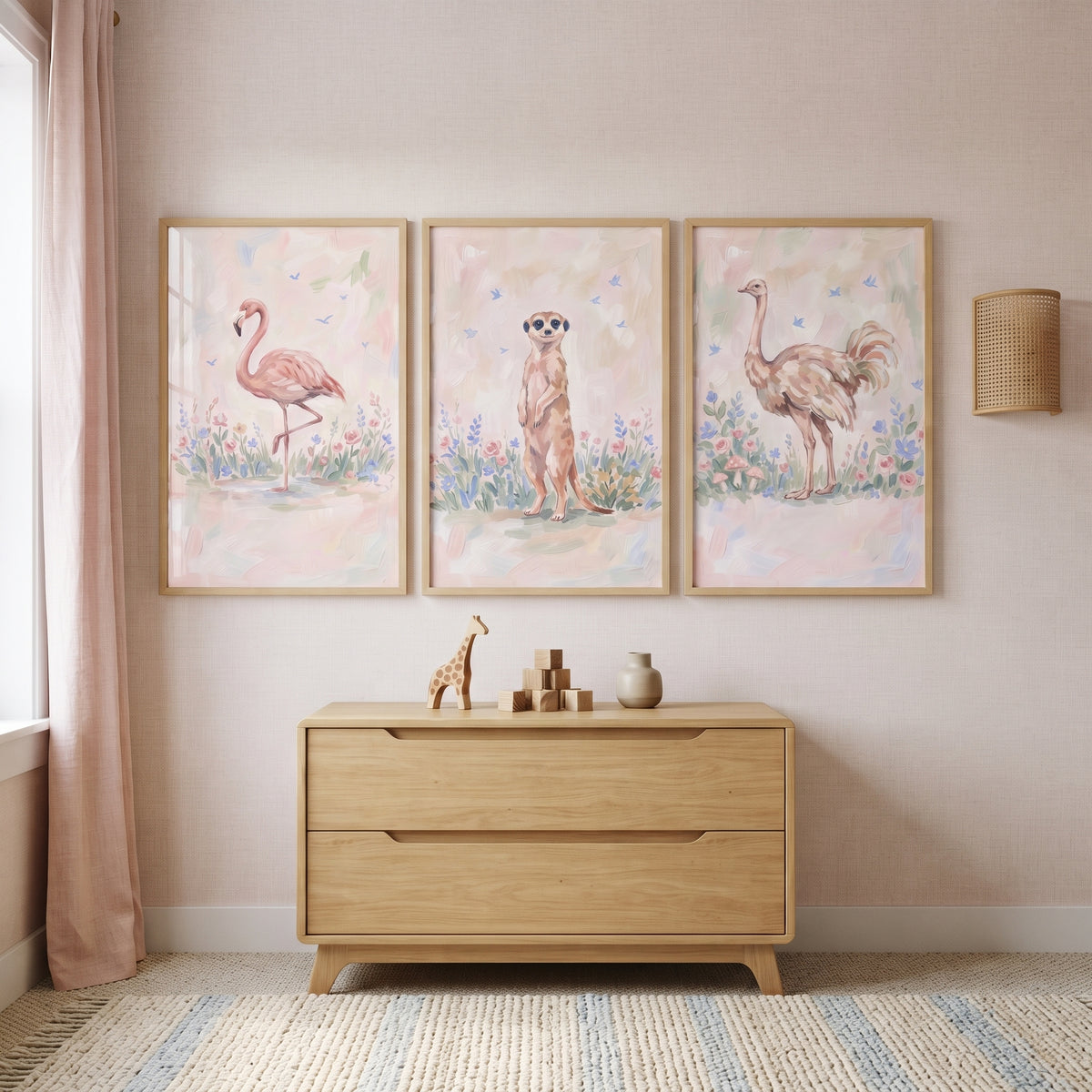 Shabby Chic Savanna Animals Wall Art Set Of 3 - Whimsical Animal Trio