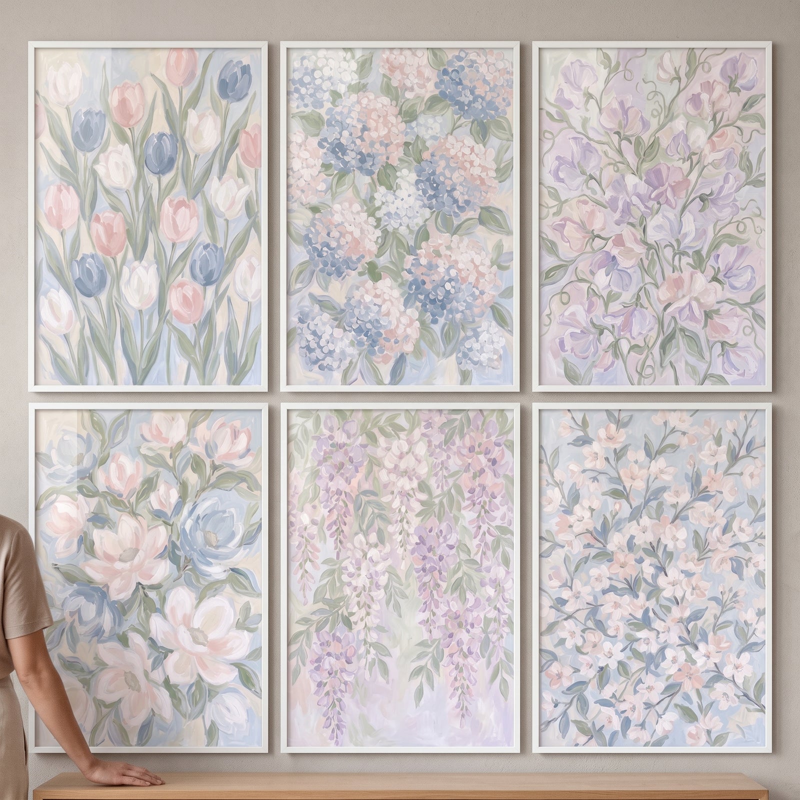 Shabby chic spring floral wall art set of 6 displays pastel tulips, hydrangeas, and wisteria in white frames.