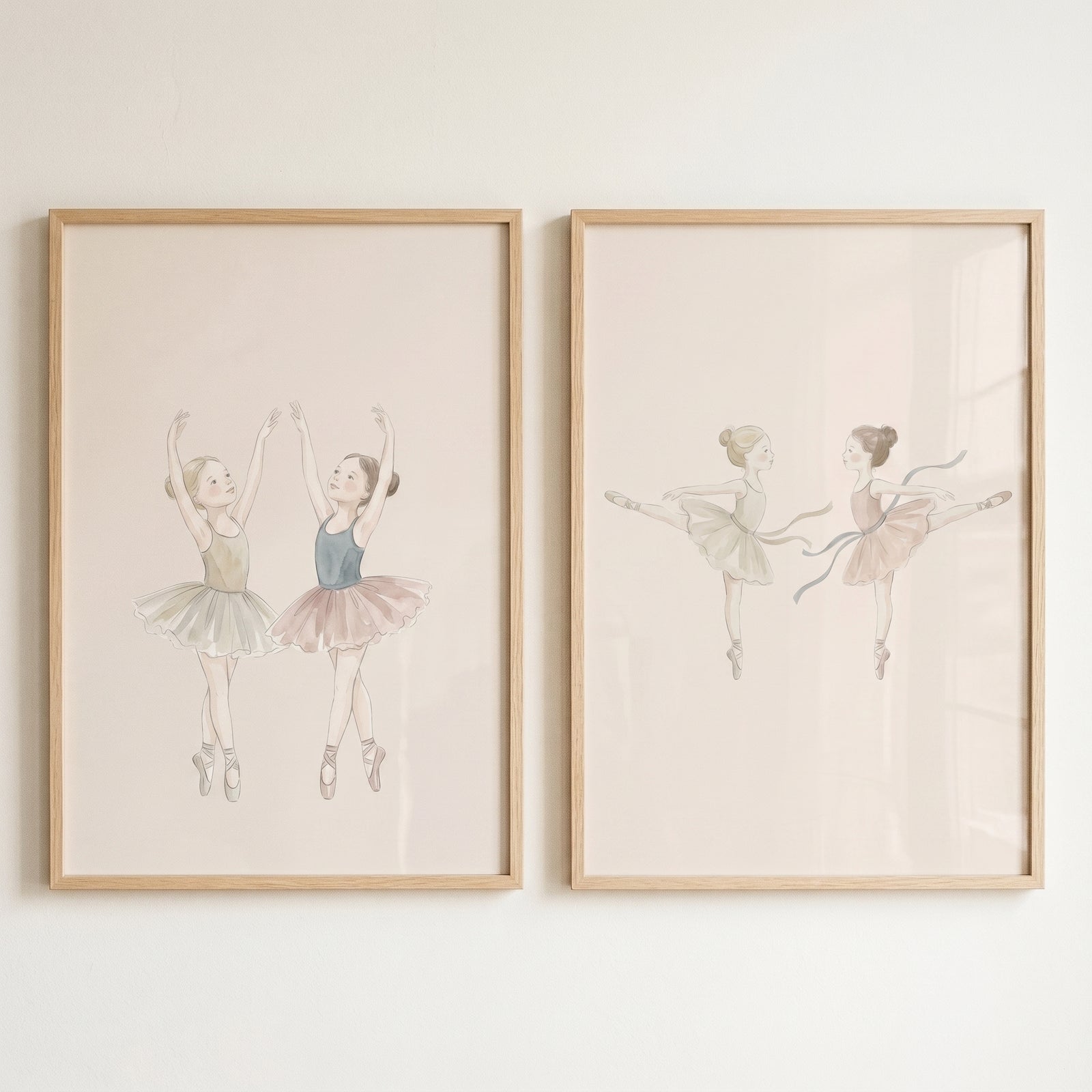 shabby chic watercolor ballerina wall art set of 2 in wood frames features young dancers in pastel tutus.