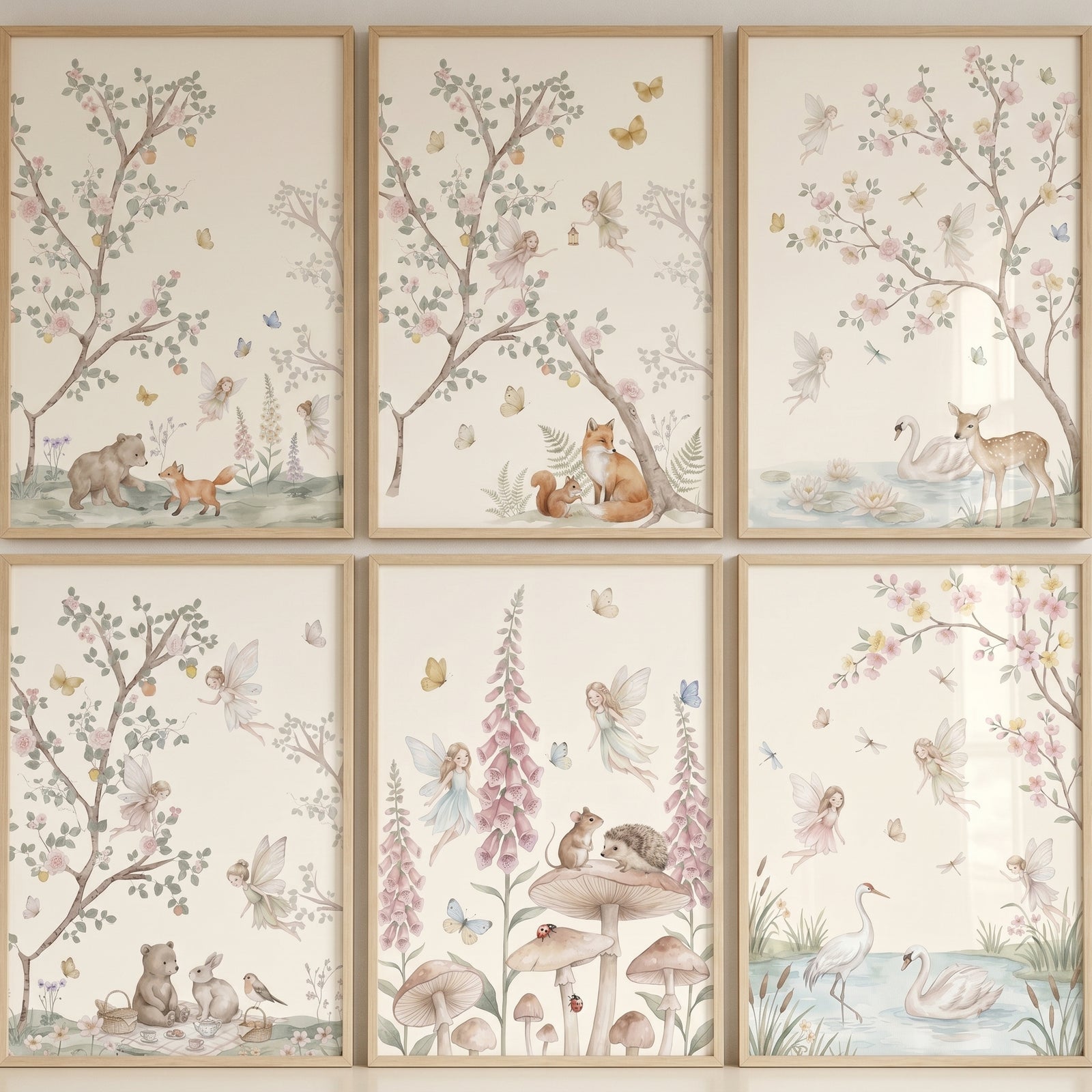 Shabby chic woodland fairies wall art set of 6 with watercolor forest animals, mushrooms, and flowers in soft pastel tones.