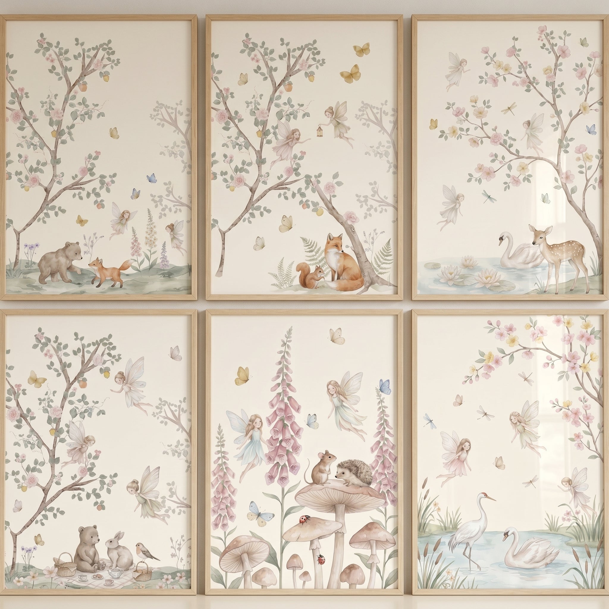 Shabby Chic Woodland Fairies Wall Art Set of 6 - Whimsical Forest Tales