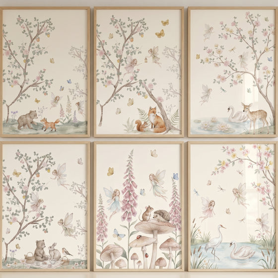Shabby chic woodland fairies wall art set of 6 with watercolor forest animals, mushrooms, and flowers in soft pastel tones.
