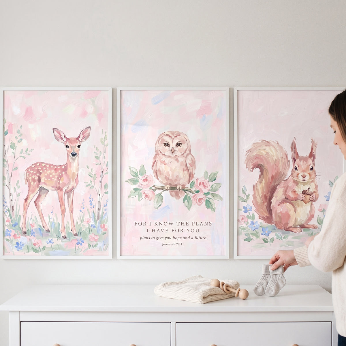Shabby floral woodland animals wall art set of 3 featuring a fawn, owl with a Bible verse, and squirrel above a dresser.