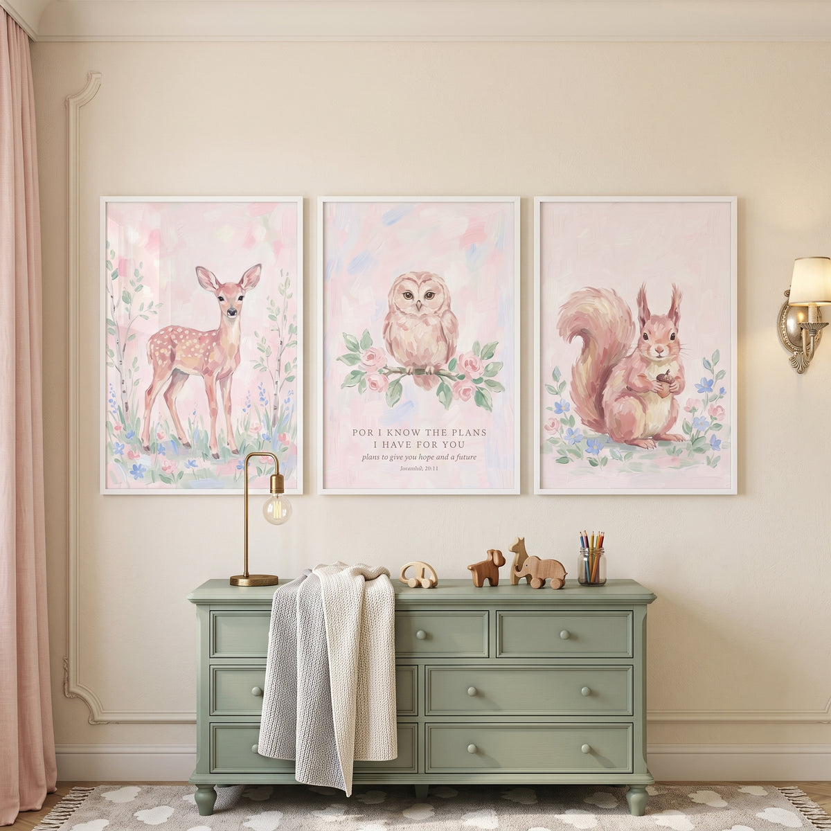 Shabby Floral Woodland Animals Wall Art Set of 3 - Woodland Promise Art