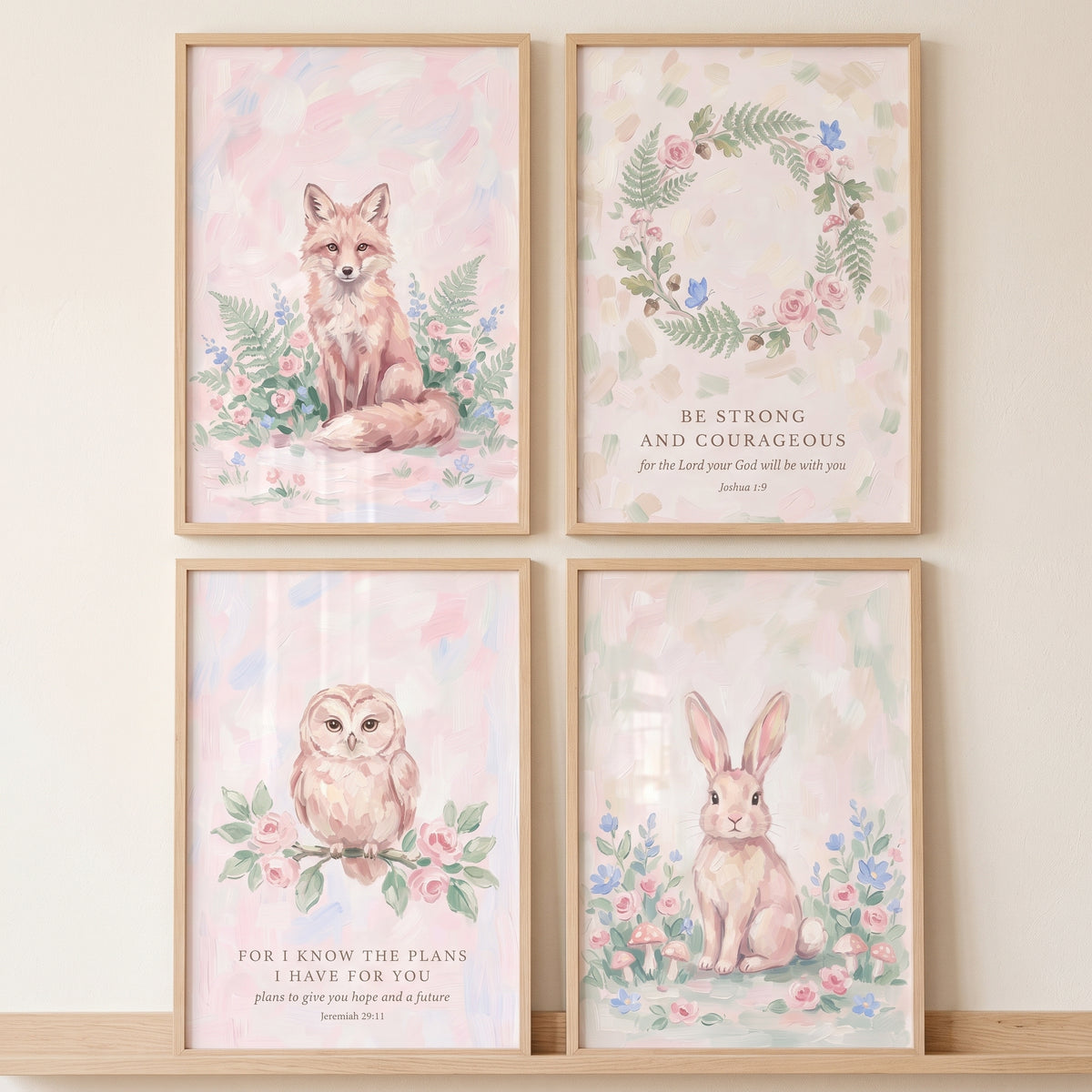 Shabby Rose Forest Animals Wall Art Set of 4 - Pastel Verse Decor