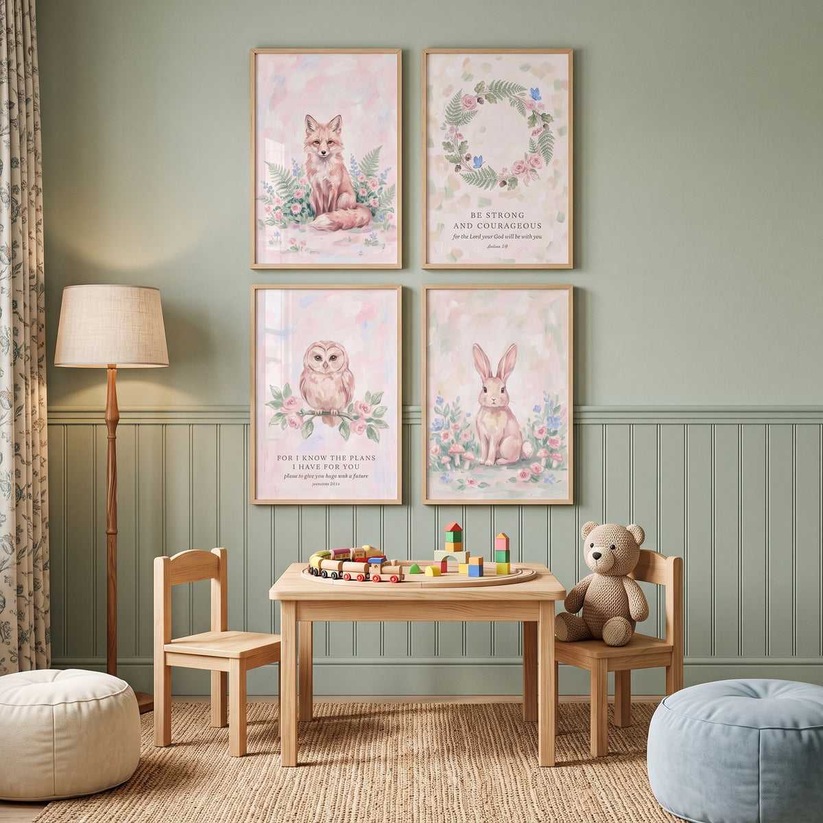 Shabby Rose Forest Animals Wall Art Set of 4 - Pastel Verse Decor