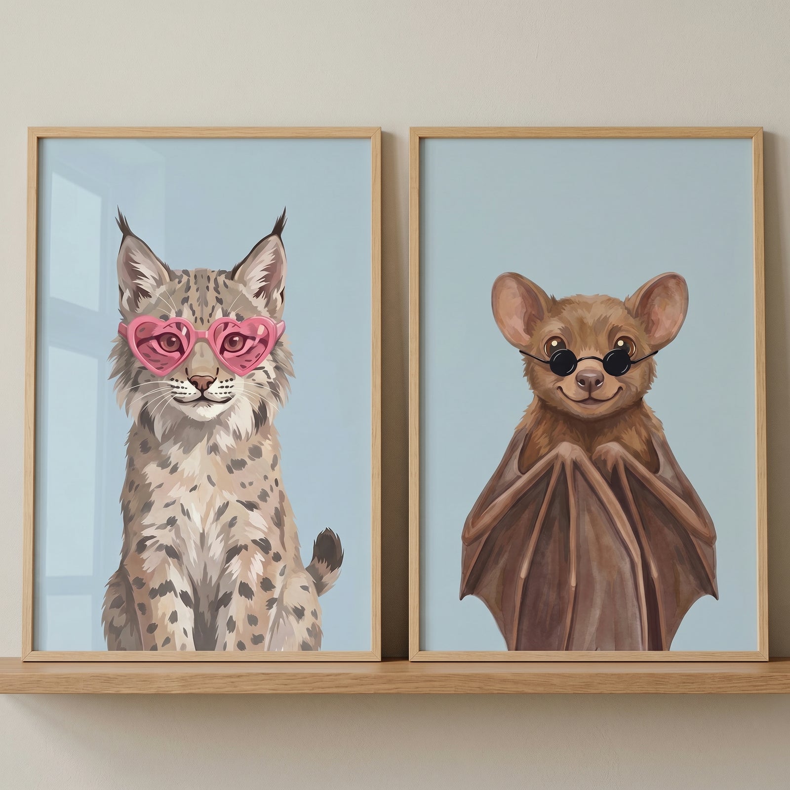 Shades wearing forest animal wall art set of 2 with a lynx in pink heart glasses and a bat in round black sunglasses.