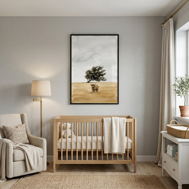 Neutral nursery with a wooden crib, beige glider, and shaggy brown highland cow wall art.