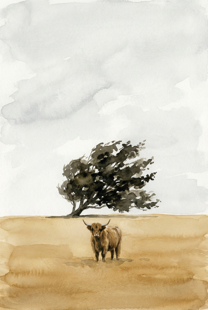 Watercolor landscape of a small highland cow standing in an open field with a wind bent tree behind it under a pale sky. The composition conveys isolation and openness in a simple rural setting.
