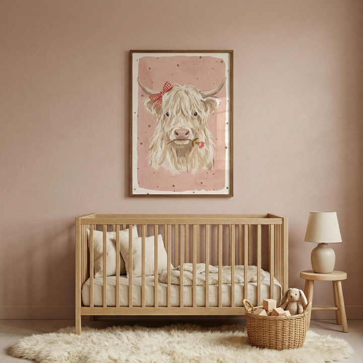 A cozy and neutrally-toned nursery features a soft, dusty-pink wall. Centered on the wall is a large, rectangular wooden frame holding an illustration of a fluffy, long-haired cow in light cream tones. The cow is depicted with a small red-and-white checkered bow on one of its horns and holds a single pink flower in its mouth. This artwork is set against a pink background dotted with small, dark stars.
