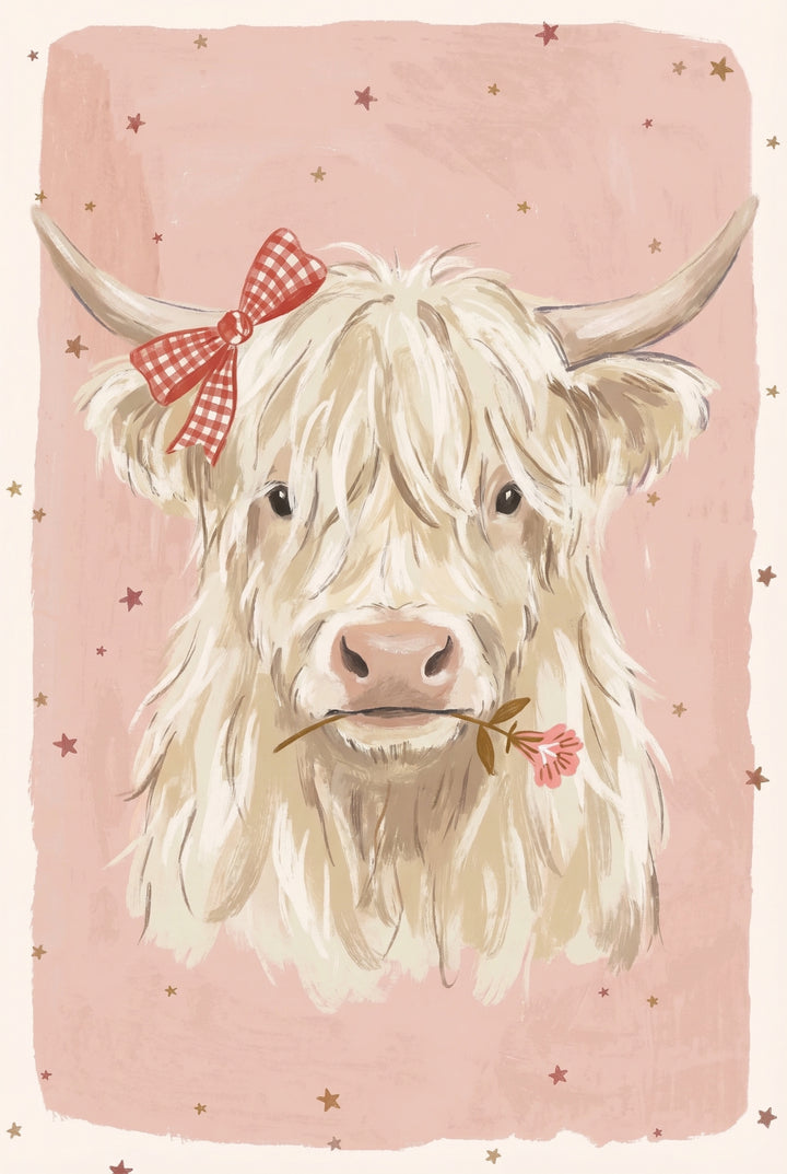Front facing portrait of a shaggy cream colored Highland cow with long horns against a pale pink starry background. It wears a red gingham bow near one horn and holds a pink flower stem in its mouth.

