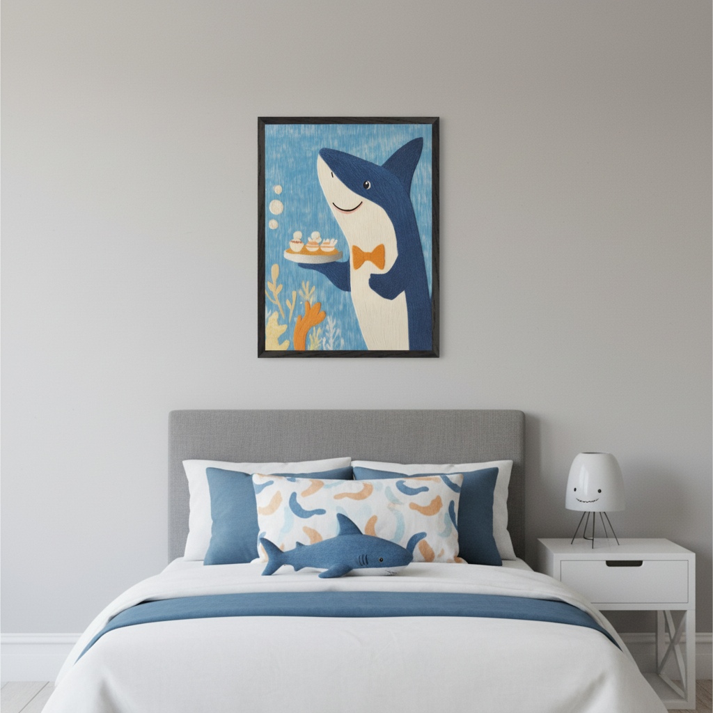 Kid's bedroom with a gray-headed bed and white bedding. A framed cartoon illustration of a smiling shark in an orange bow tie holding a tray of cupcakes hangs centered above the bed. A white nightstand with a smiling lamp is to the right of the bed.