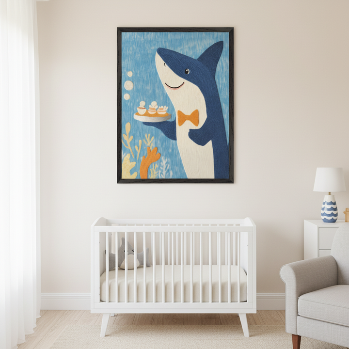 Modern nursery with a white crib, gray armchair, and white dresser. A large framed textured artwork of a friendly cartoon shark in an orange bow tie holding cupcakes, surrounded by coral and bubbles, hangs centered above the crib.