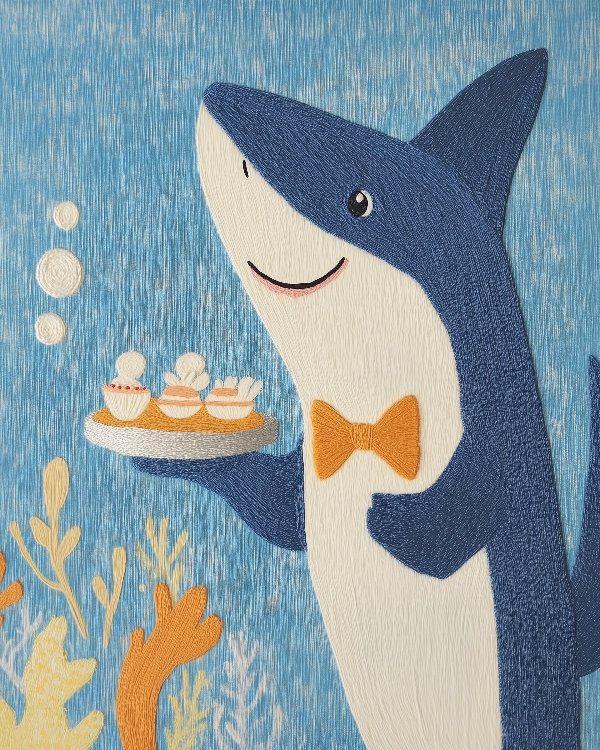 A charming illustration of a smiling blue and white shark wearing an orange bow tie, holding a tray with cupcakes. The background features a textured blue ocean scene with bubbles and colorful coral.
