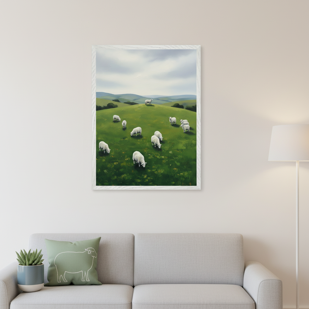 Modern living room with a light gray sofa. A white-framed painterly landscape of white sheep grazing on green hills under a cloudy sky hangs centered above the sofa. A white floor lamp is on the right.