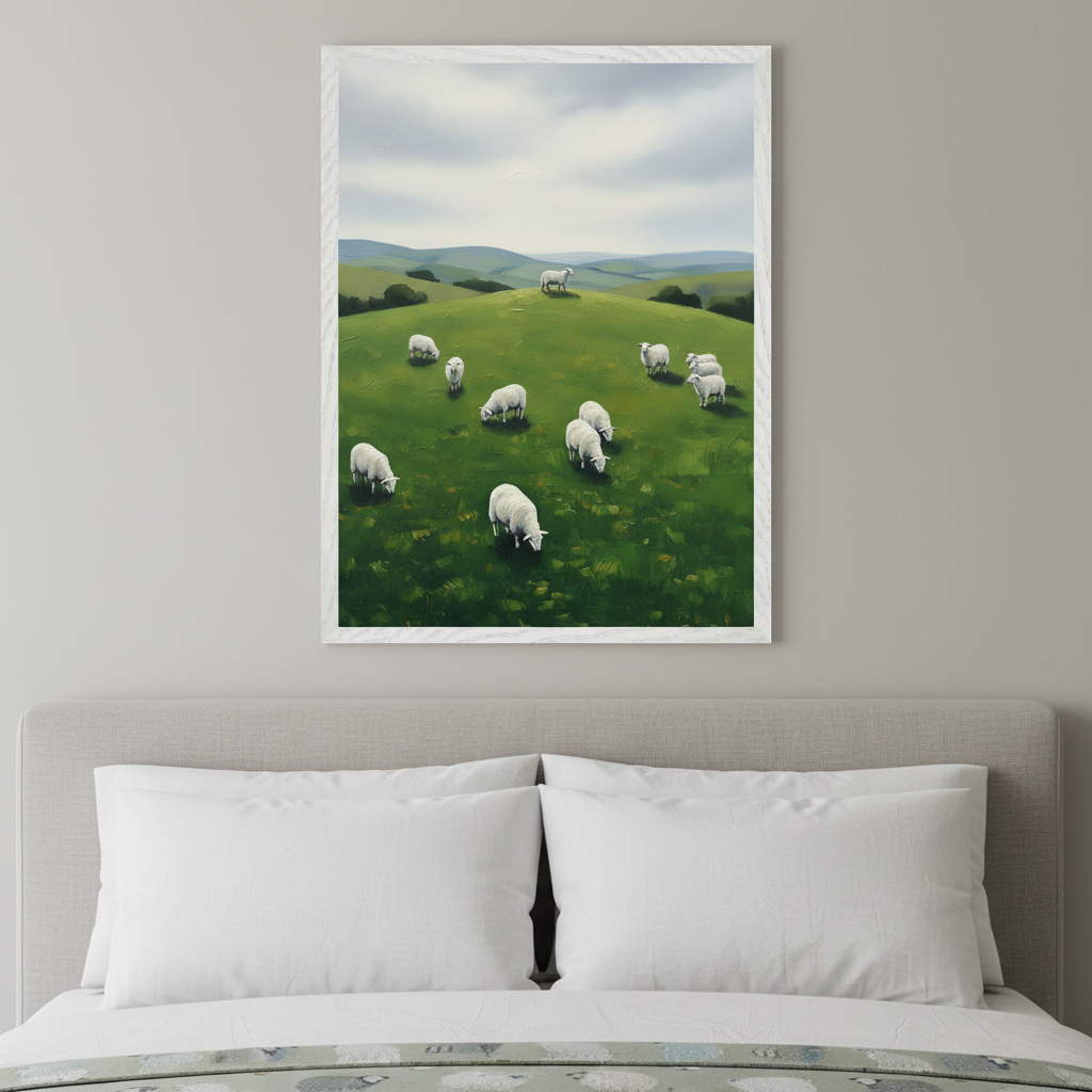 Modern bedroom with a gray upholstered headboard and white pillows. A large, white-framed painting of white sheep grazing on green rolling hills under a cloudy sky hangs centered above the bed.