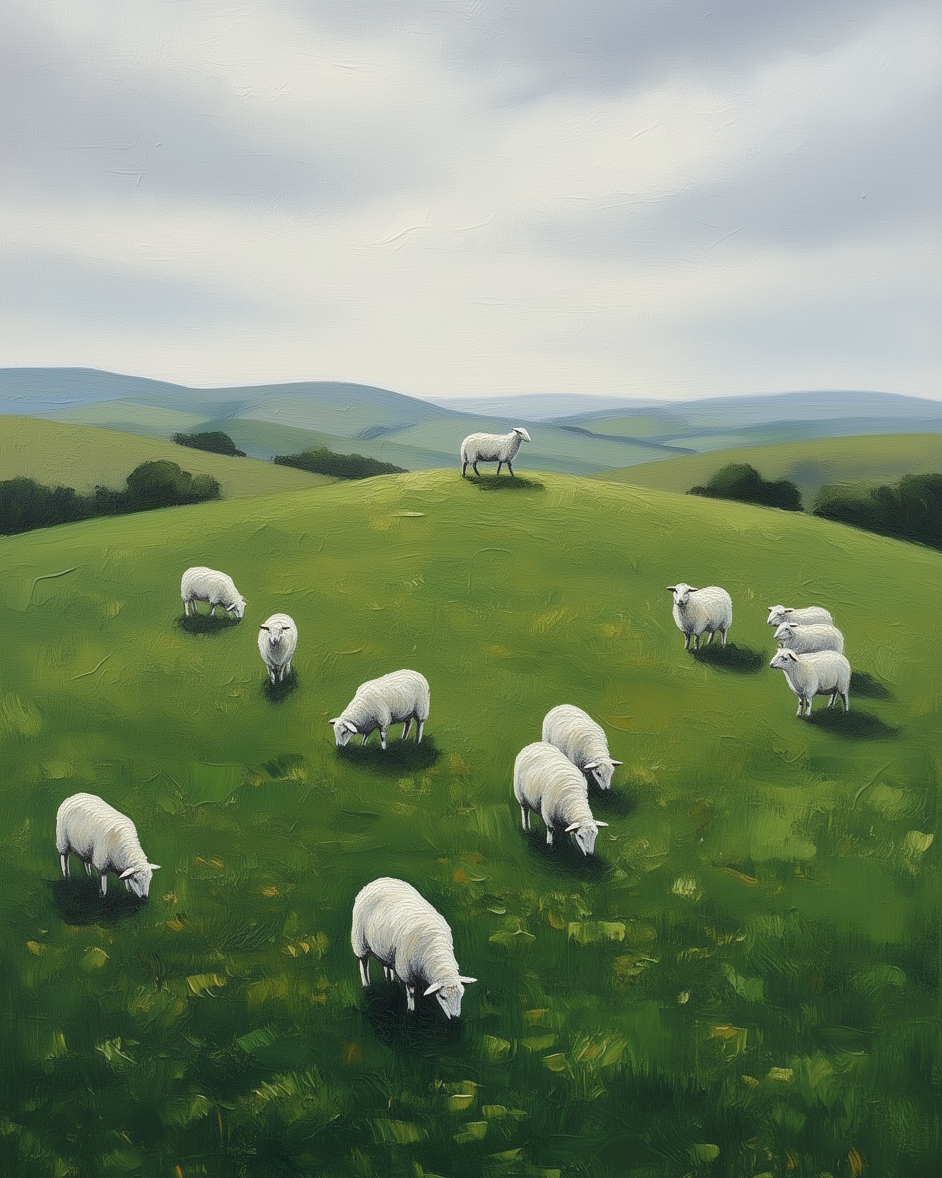 Sheep Meadow Hill Wall Art for Nursery, Playroom or Kids Bedrooms - Pastoral Green Landscape Decor - Meadow Puffs