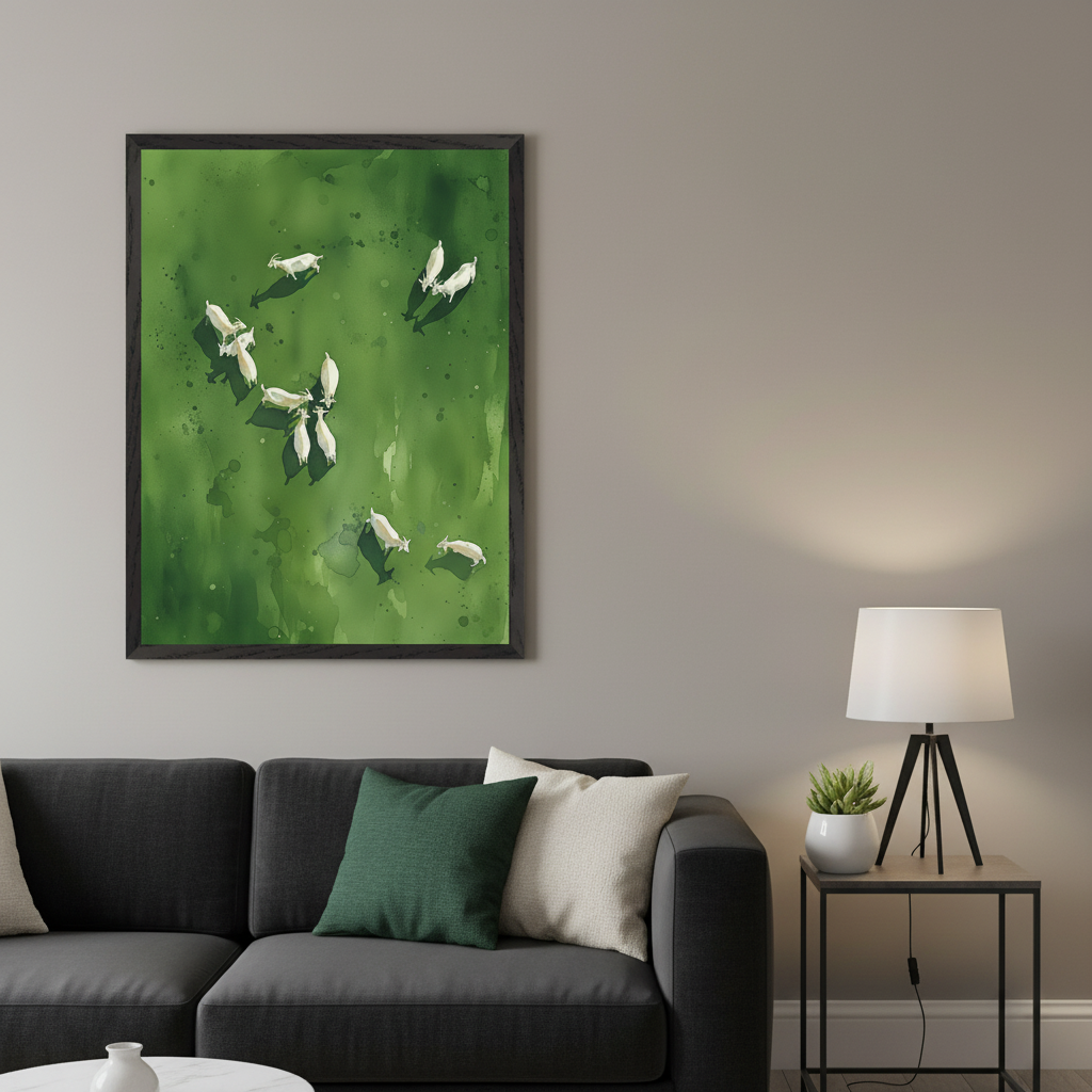 Modern living room with a dark gray sectional sofa. A large framed watercolor painting of white goats on a vibrant green background hangs above the left side of the sofa. A side table with a lamp and plant is to the right.