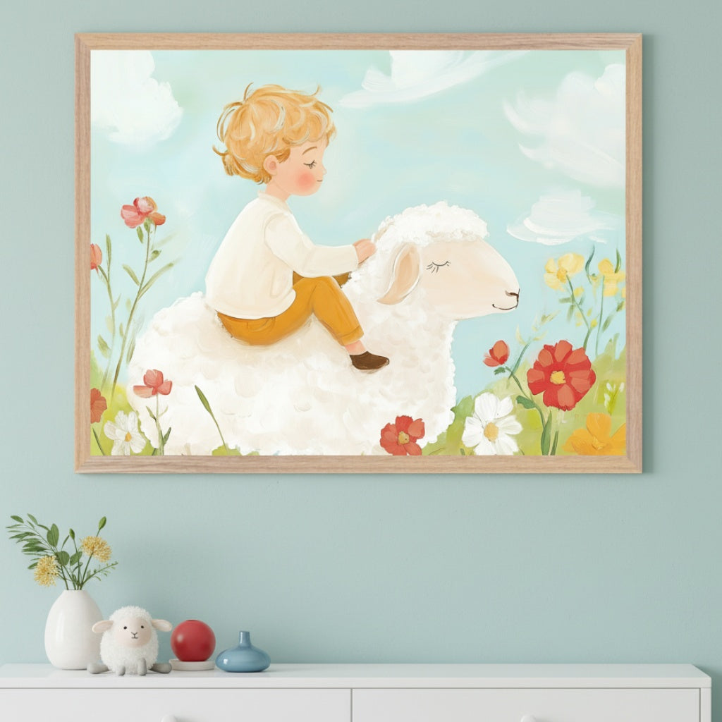 Nursery with a light blue wall and a white dresser. A framed pastel illustration of a blonde boy riding a white sheep in a flowery field is centered above the dresser. Decor items, including a stuffed sheep, are on the dresser.