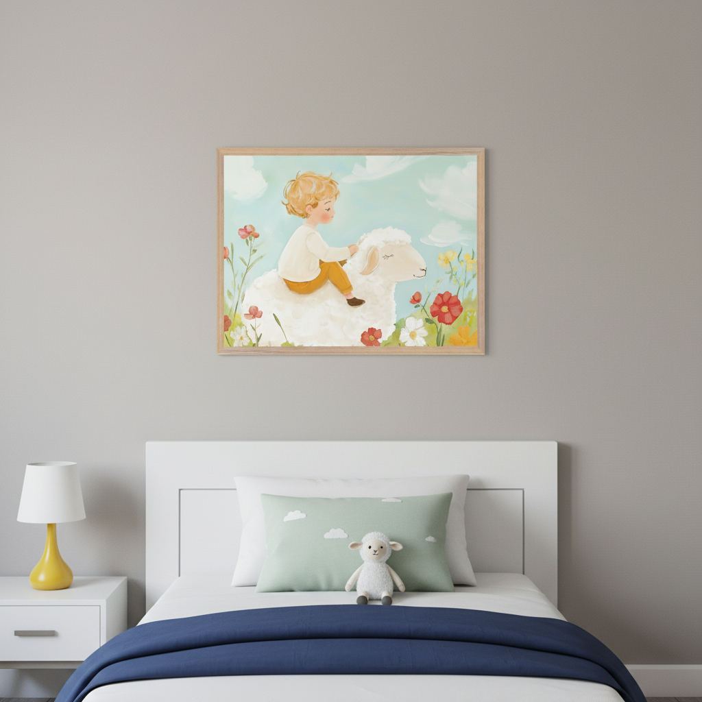 Kid's bedroom with a white bed and nightstand. Centered above the bed hangs a framed illustration of a blonde boy riding a white sheep in a field of flowers under a blue sky. The bed includes a green cloud pillow, sheep plushie, and blue blanket.