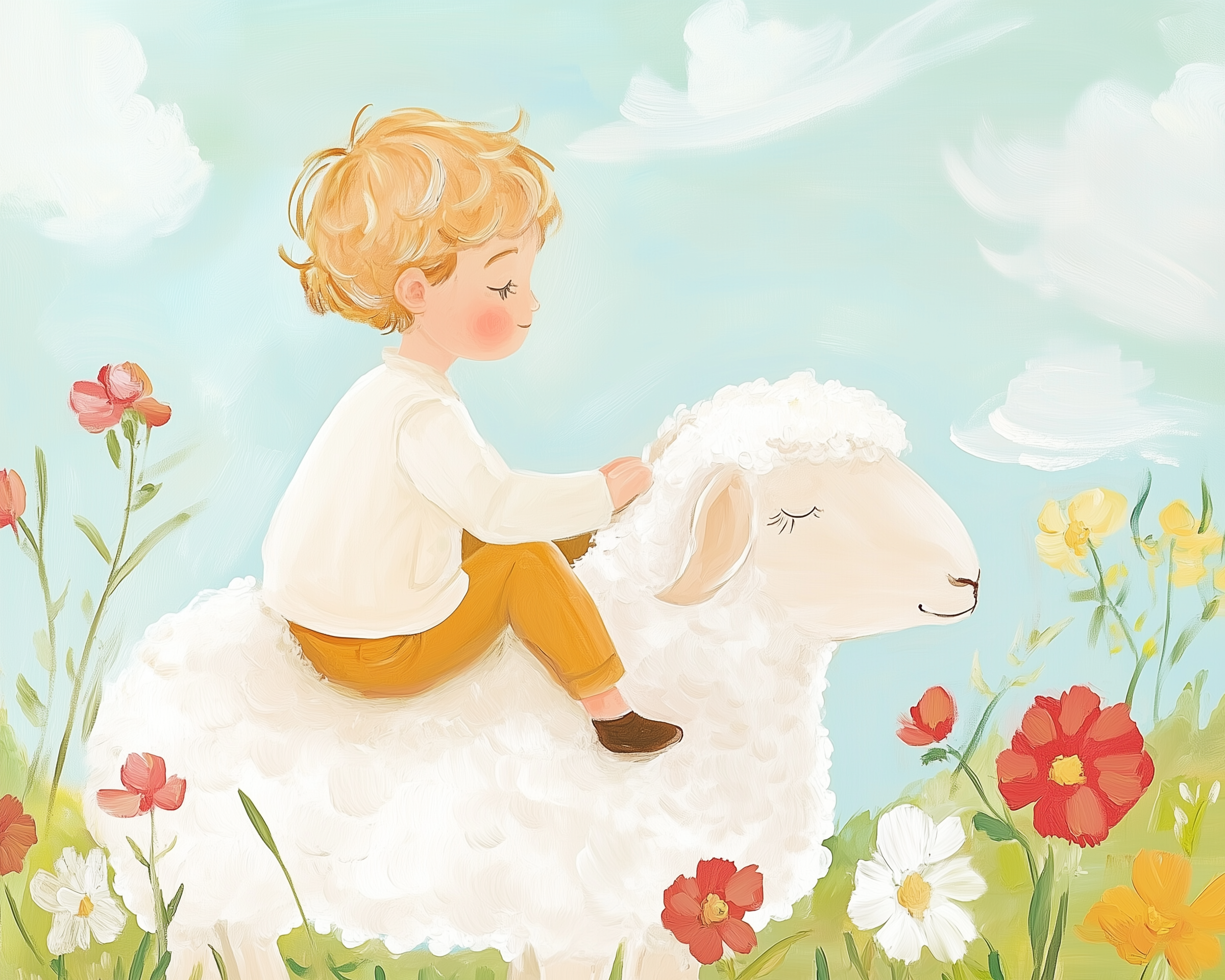 A young child with curly blonde hair sits atop a fluffy white sheep in a colorful field surrounded by vibrant red, yellow, and white flowers under a bright blue sky with soft clouds.