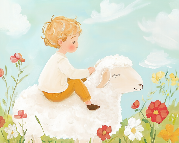 A young child with curly blonde hair sits atop a fluffy white sheep in a colorful field surrounded by vibrant red, yellow, and white flowers under a bright blue sky with soft clouds.