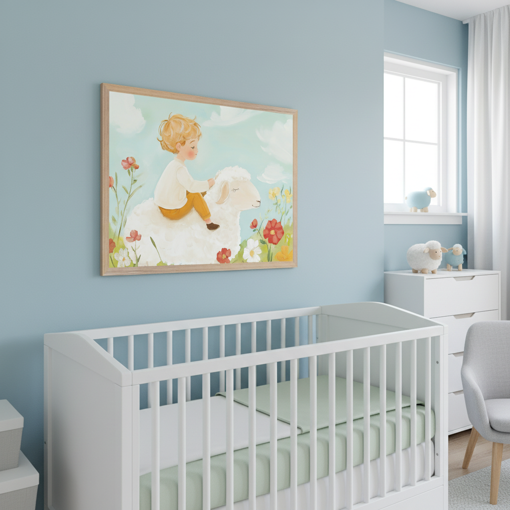 Modern nursery with light blue walls. A large framed illustration of a blond boy riding a white sheep in a flowery landscape hangs above a white crib with light green bedding. A white dresser and gray armchair are also present.
