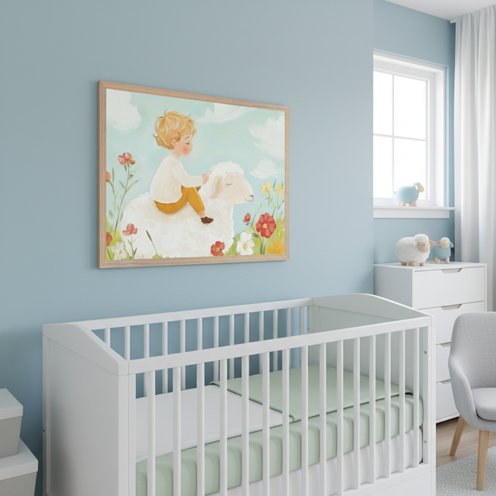 Modern nursery with light blue walls. A large framed illustration of a blond boy riding a white sheep in a flowery landscape hangs above a white crib with light green bedding. A white dresser and gray armchair are also present.