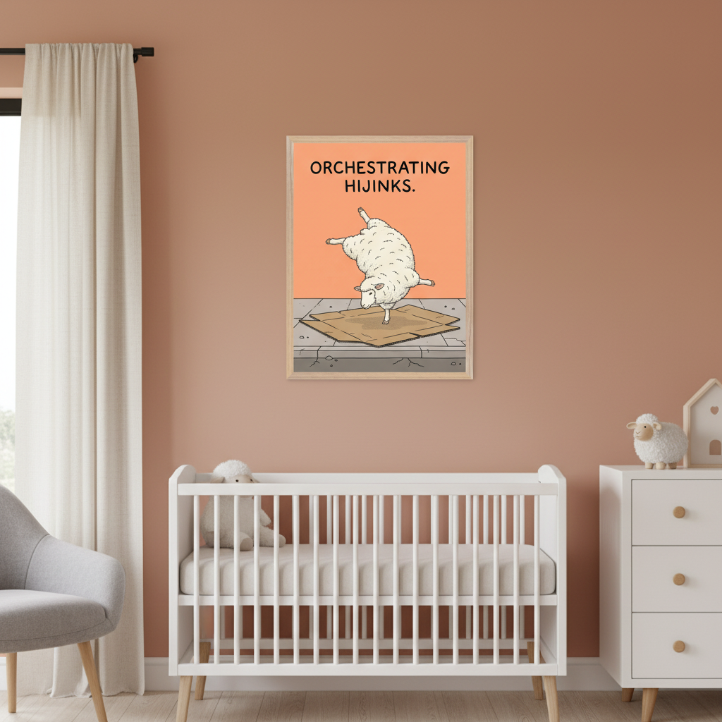 Modern nursery with a white crib and dresser against a terracotta wall. A framed cartoon print of a white sheep balancing on a cardboard box with text "ORCHESTRATING HIJINKS." hangs above the right side of the crib.
