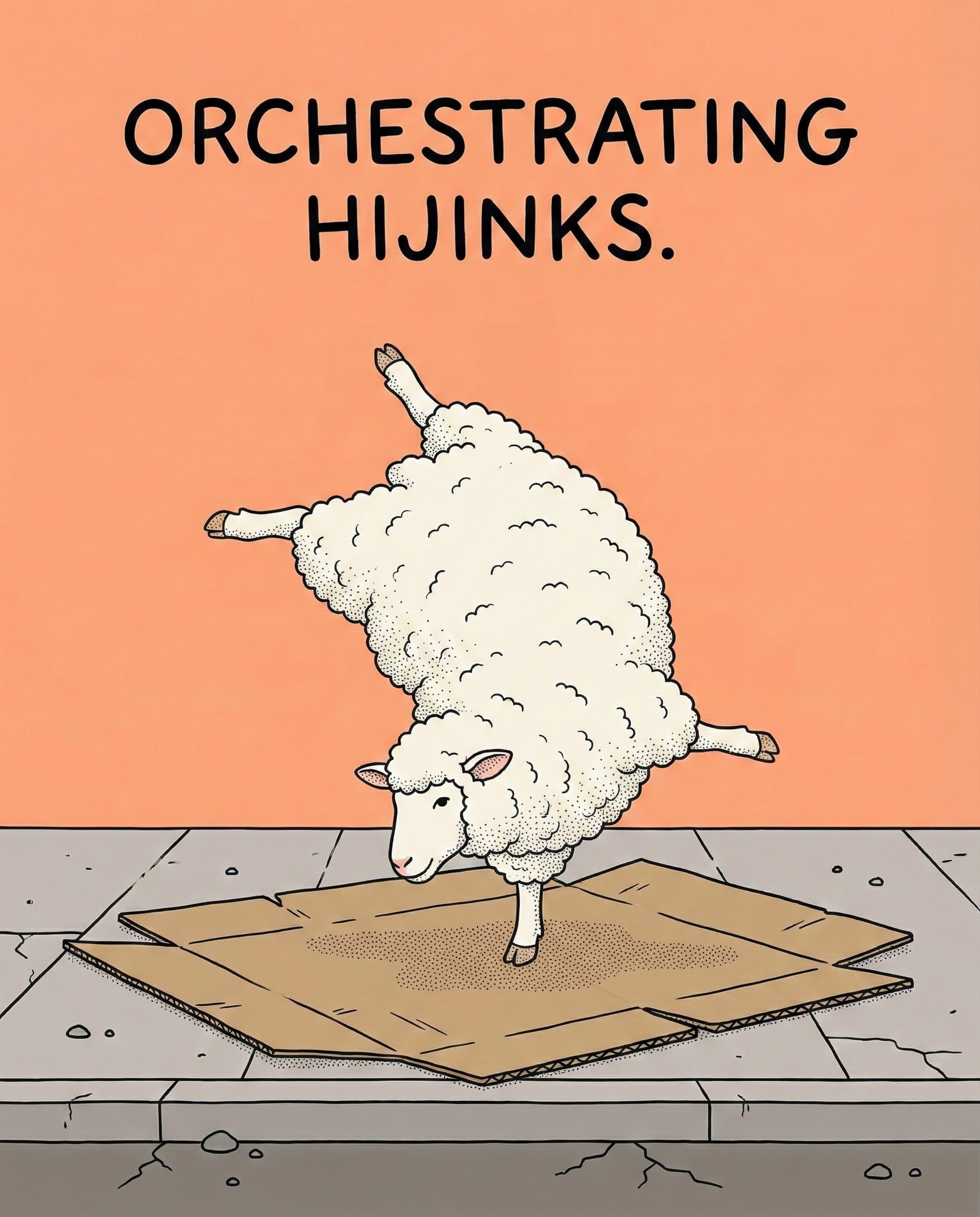 A fluffy white sheep performs a one-legged handstand on a flattened cardboard box on the sidewalk with the phrase “Orchestrating hijinks.” The peach-toned background enhances the playful street-dance vibe.
