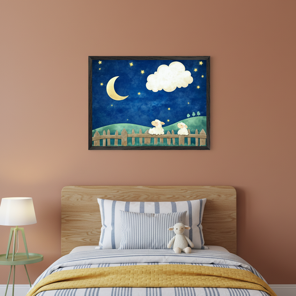 Children's bedroom with a wooden bed, blue and white striped bedding, a yellow throw, and a sheep plush. A green side table with a lamp is on the left. Above the bed, framed art depicts a night sky with a moon, stars, cloud, and two sheep on a fence in a watercolor illustration style.