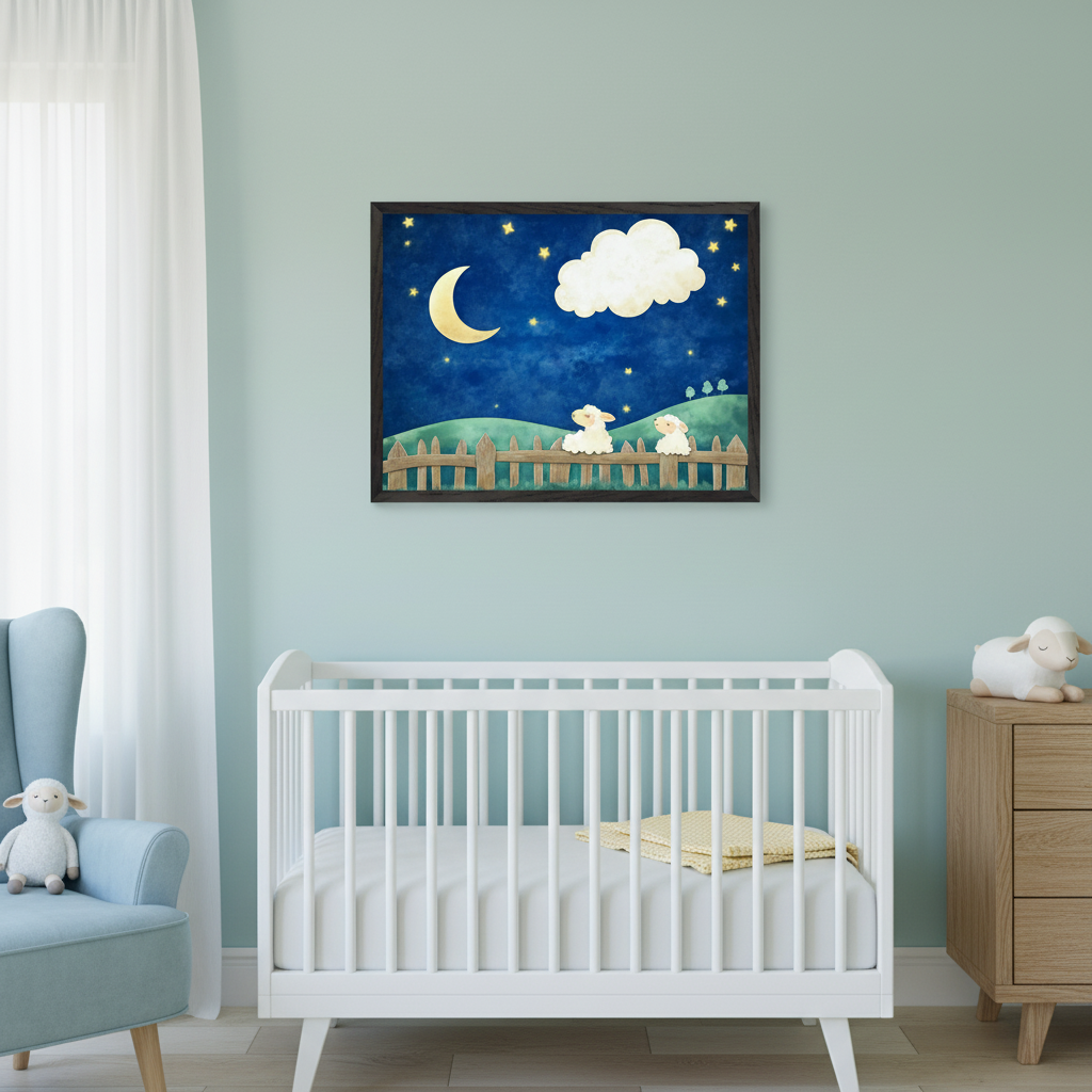 Modern nursery with a white crib, light blue armchair, and wooden dresser. A framed illustration of two sheep behind a fence under a starry night sky with a crescent moon and cloud hangs centered above the crib.