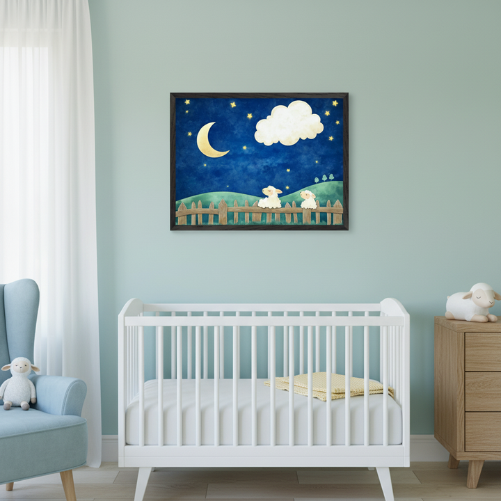 Modern nursery with a white crib, light blue armchair, and wooden dresser. A framed illustration of two sheep behind a fence under a starry night sky with a crescent moon and cloud hangs centered above the crib.