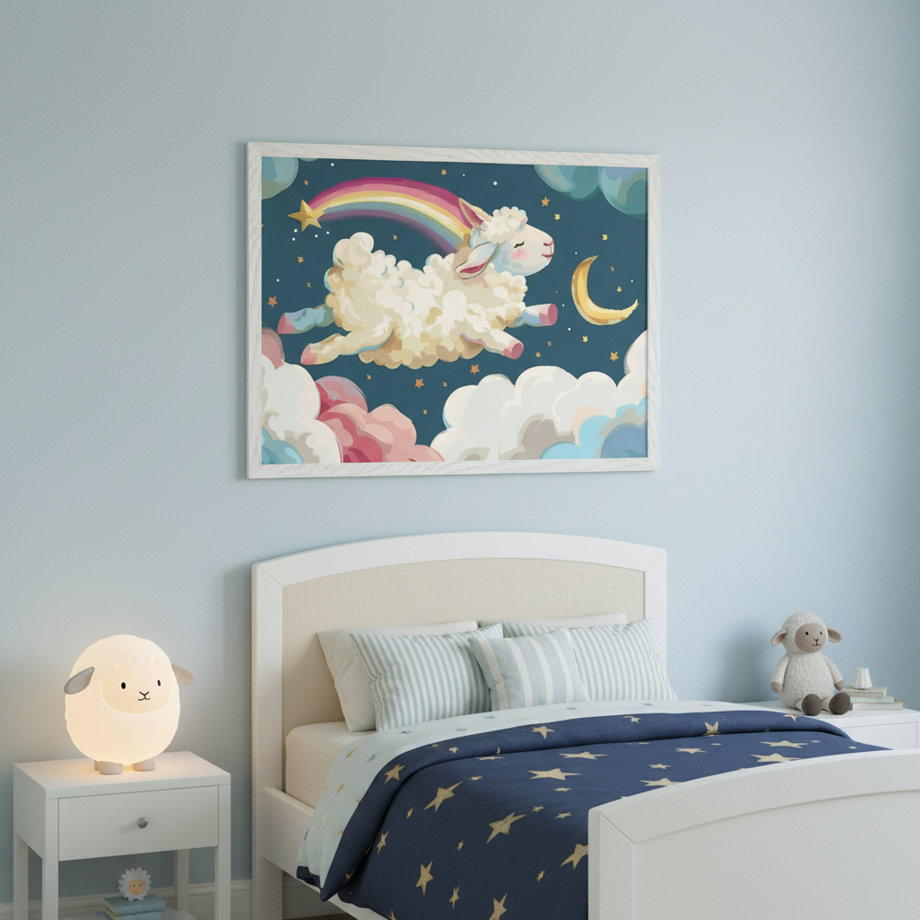 Kid's bedroom with a white bed and nightstand. A framed print depicting a sheep jumping on clouds with a rainbow and moon hangs above the bed. A glowing sheep lamp is on the nightstand.