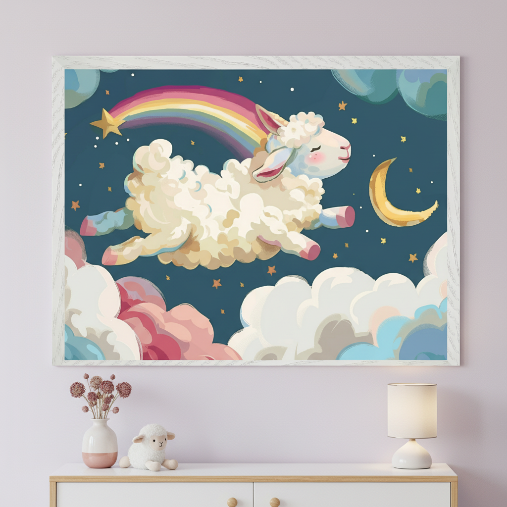 Framed nursery wall art featuring a whimsical illustration of a fluffy sheep leaping through a starry night sky with a rainbow, crescent moon, and pastel clouds. The artwork is hung above a white dresser with a soft toy lamb, a vase of dried flowers, and a small lamp, creating a cozy and dreamy atmosphere.