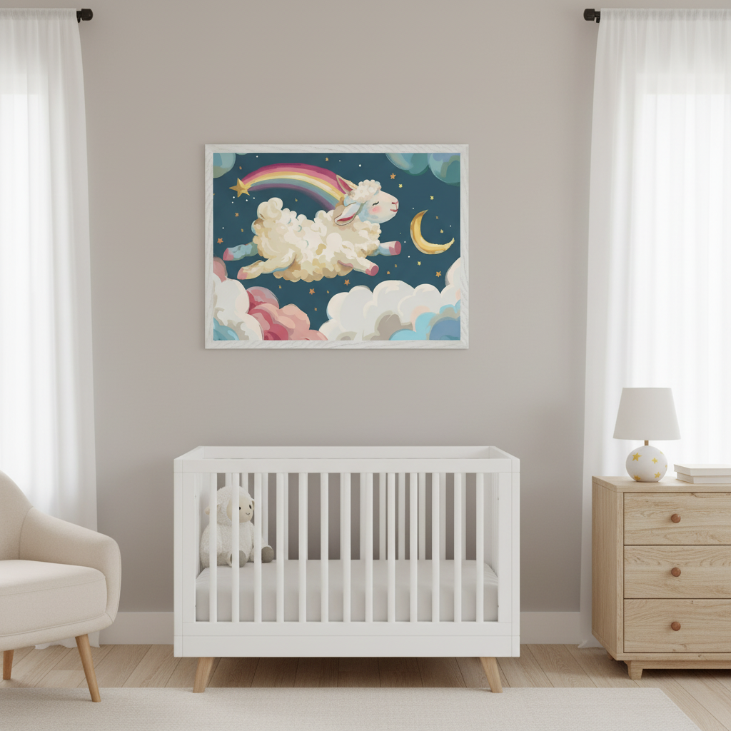 Modern nursery with a white crib, cream armchair, and wooden dresser. A framed art print of a cartoonish white sheep jumping over a rainbow, moon, stars, and clouds in a dark blue sky hangs centered above the crib.