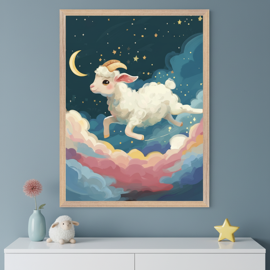 Framed artwork of a whimsical white lamb with curled horns leaping through a dreamy night sky, surrounded by stars, a crescent moon, and colorful clouds. The image is styled like a children's illustration and hangs above a white dresser decorated with a plush lamb, a blue vase with a pink flower, and a yellow star ornament.