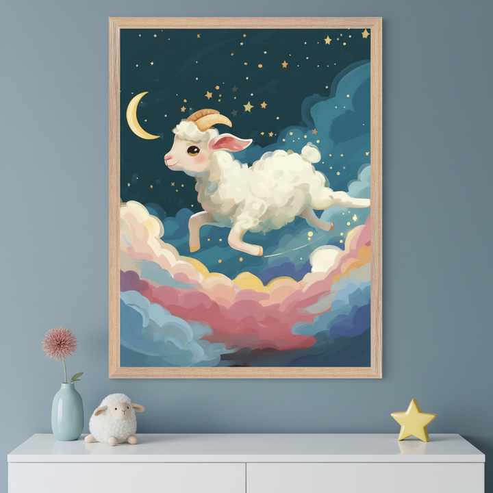 Framed artwork of a whimsical white lamb with curled horns leaping through a dreamy night sky, surrounded by stars, a crescent moon, and colorful clouds. The image is styled like a children's illustration and hangs above a white dresser decorated with a plush lamb, a blue vase with a pink flower, and a yellow star ornament.