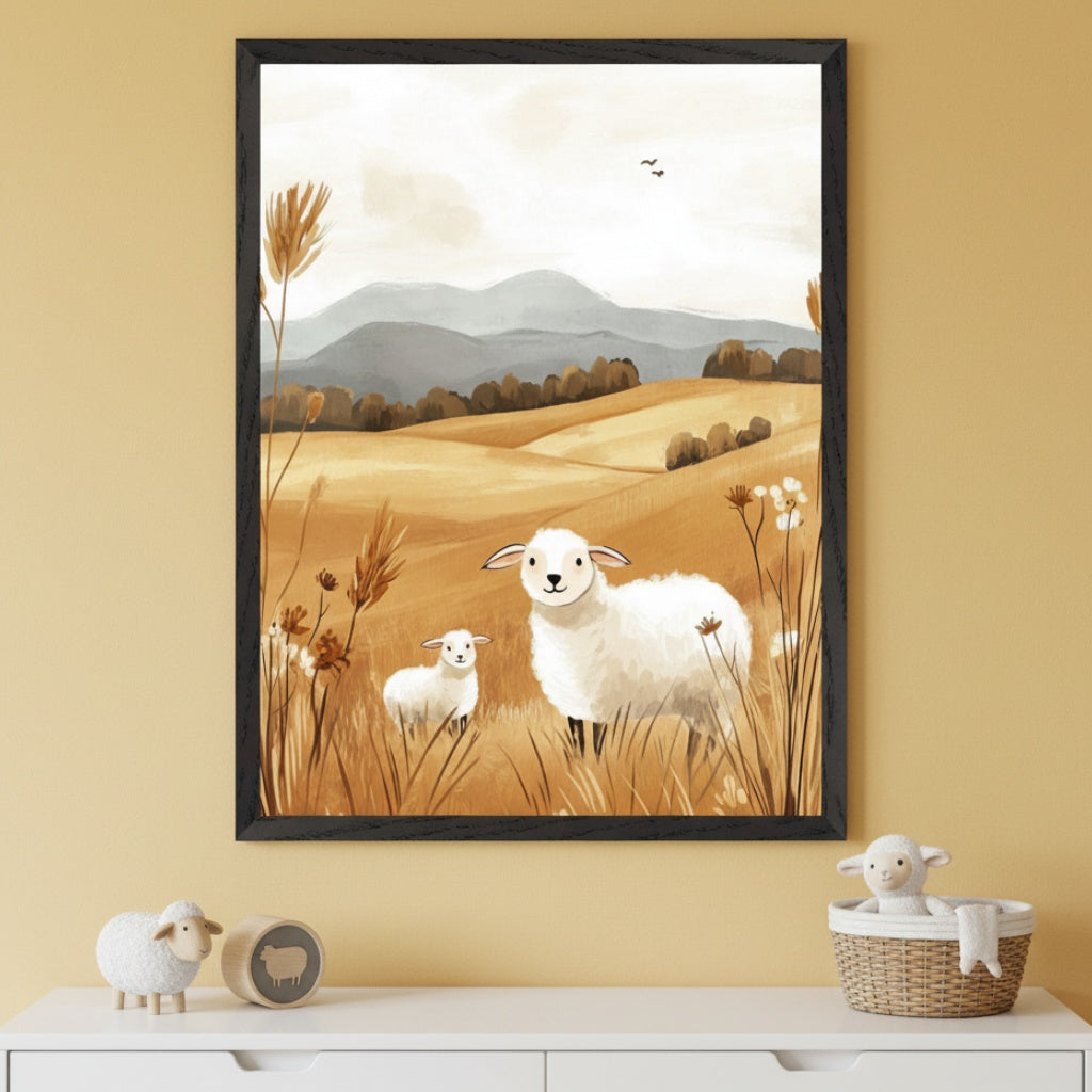 A framed illustration of a mother sheep and her lamb standing in a golden field with soft hills and a cloudy sky in the background. The scene features light brown and beige tones, with wildflowers and tall grass scattered around them. Below the frame, a small shelf displays a sheep figurine and a cute toy sheep in a basket.